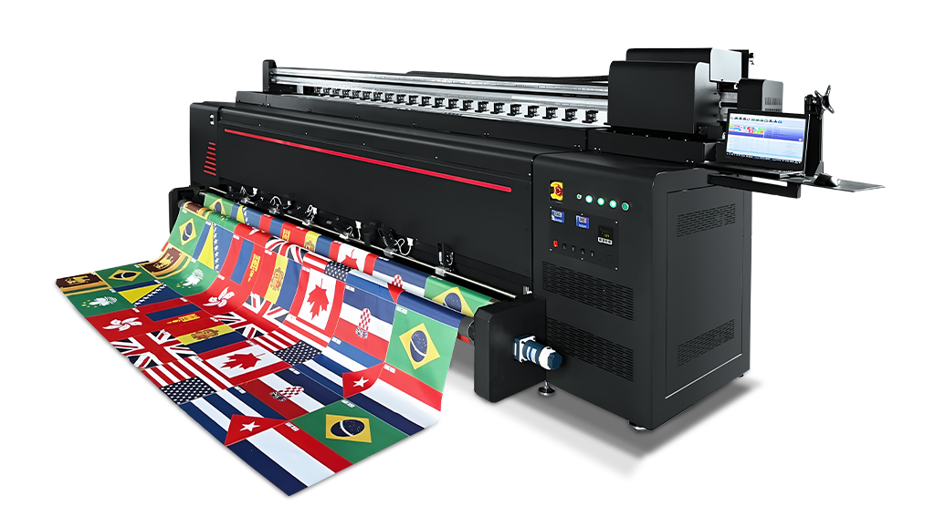 Bayrak baskı makinesi – 8 Epson i3200 kafalı, 320 cm baskı eni ve 310 m²/saat hız kapasitesi